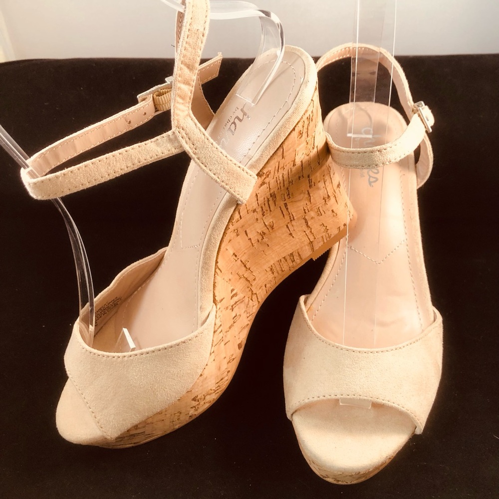 Charles David Beige Suede Cork Wedge Sandals